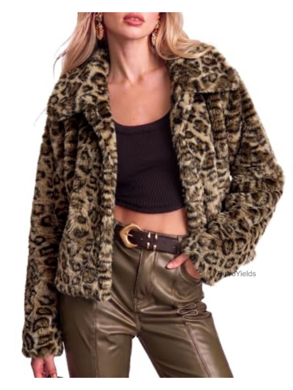 Faux Fur Leopard Print Cropped Jacket Snap Button Collar Pockets